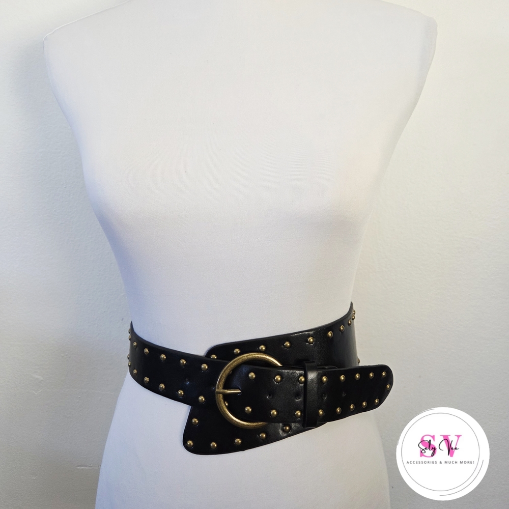 Black Studded Leather Belt with Gold Buckle
